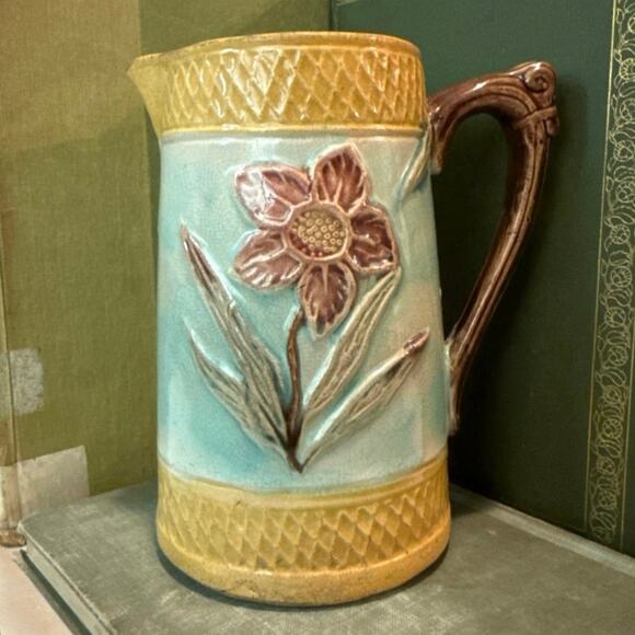 Unbranded Other - Antique English Majolica Pitcher • Relief Floral • Scroll Handle • c. 1890–1920